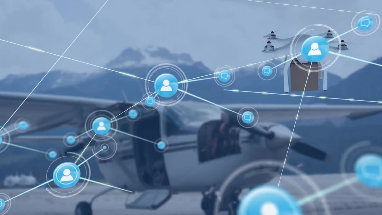 디지털 아이콘과 드론의 네트워크가 공항에 주차된 비행기를 상대로 배달 상자를 운반하고 있습니다.