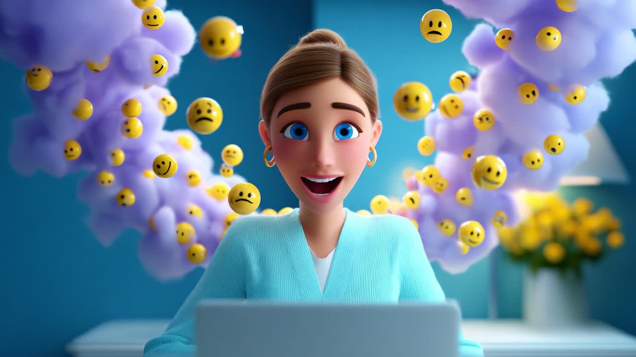 A Journey from Sadness to Joy: An Animated Character Transitions from Feeling Overwhelmed by Emotions to Embracing Happiness in a Colorful and Expressive Digital Creative Space