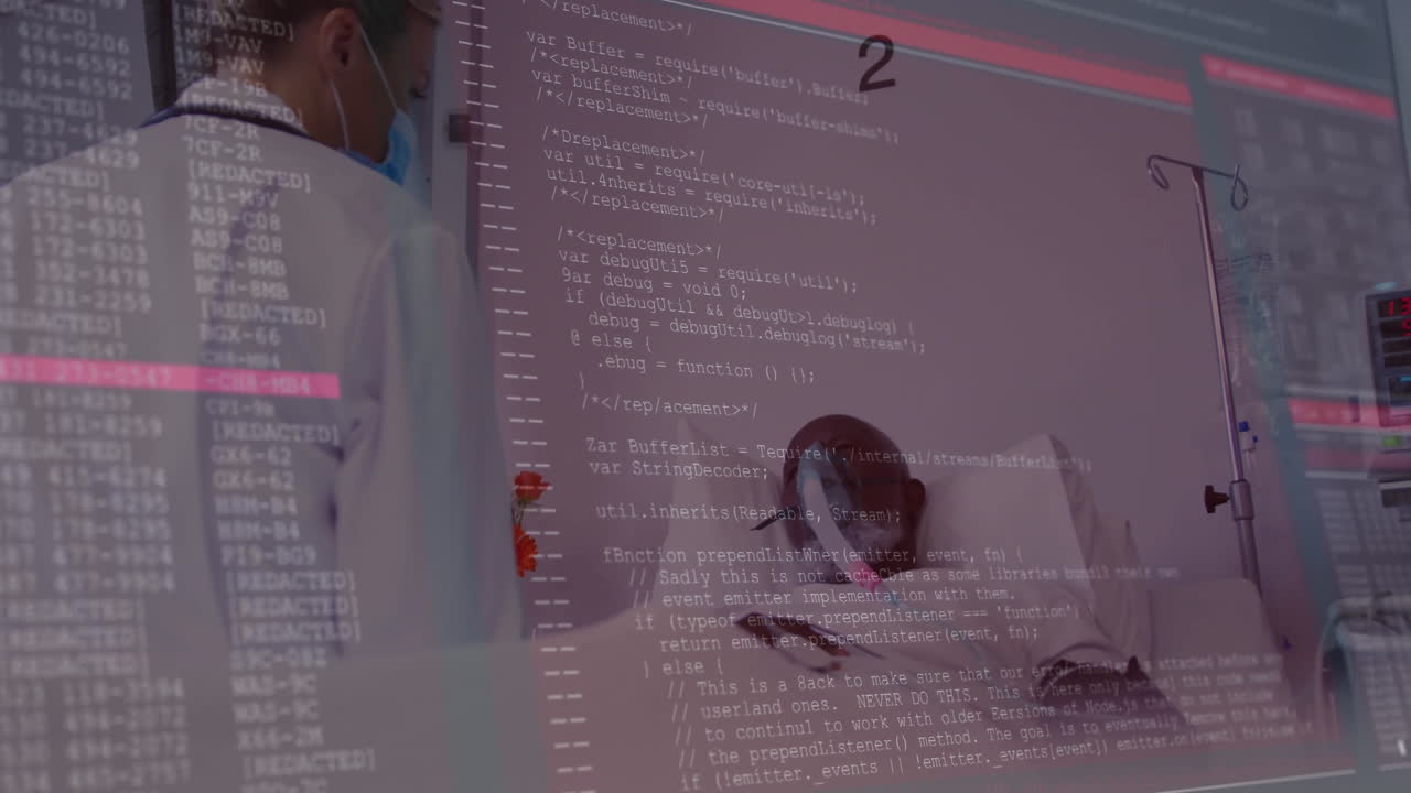 female doctor wearing mask consulting male patient holding tablet, overlaying health tech code