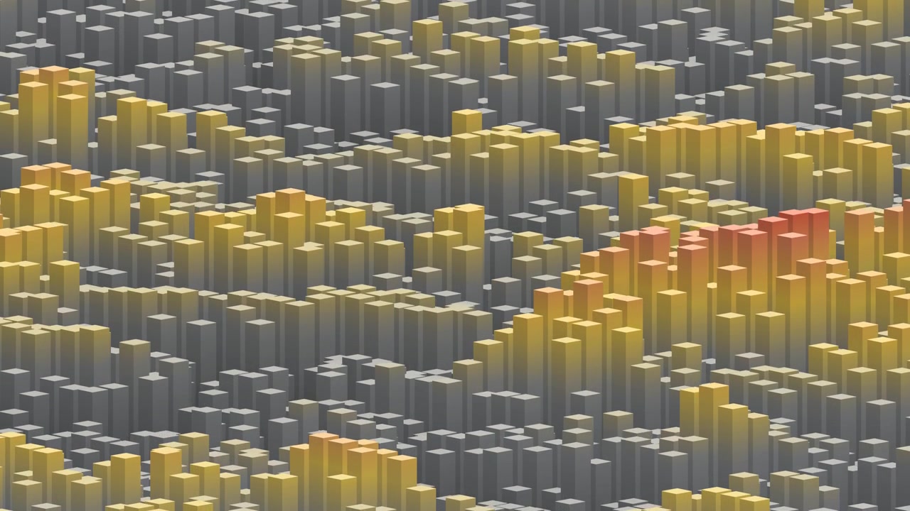 Animated 3d bar chart with rising and falling rectangular columns, loopable data visualization cityscape with colorful geometric blocks