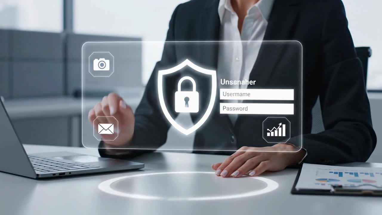 Businesswoman Accessing a Secure System with a Virtual Login and Password Interface