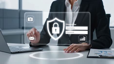 businesswoman accessing a secure system with a virtual login and password interface