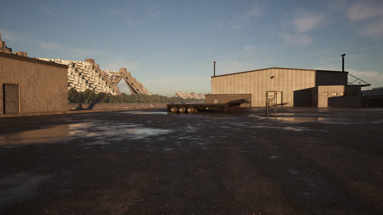 Empty Industrial Parking Lot with a Trailer and Cityscape in the Background