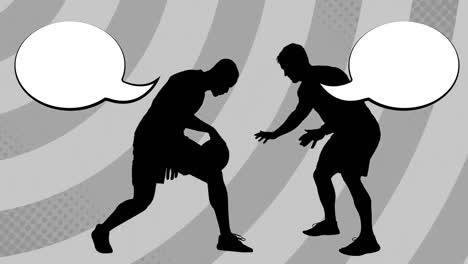 회색 바탕에 줄무 위에 음성 거품이 있는 농구 선수 실루의 애니메이션