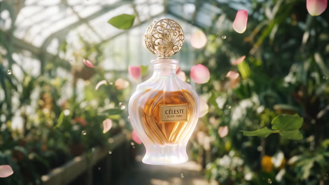 Flacone di profumo di lusso che ruota con petali di rosa che cadono in una serra