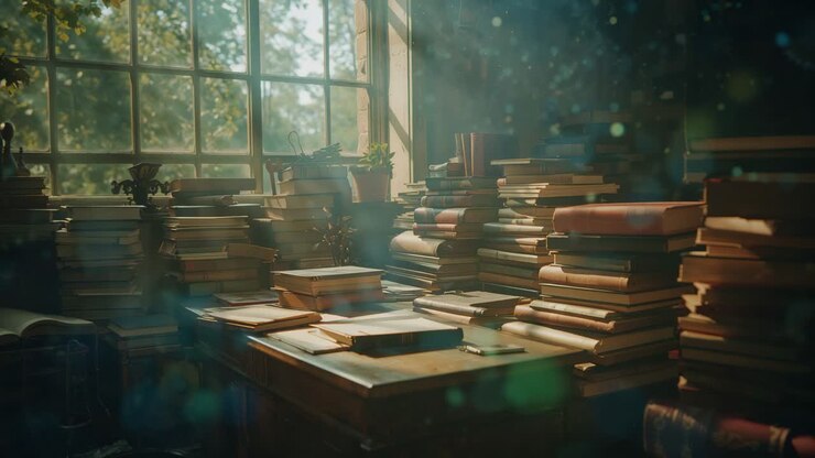 Luce solare che filtra da una finestra e si sposta sui libri sulla scrivania in uno studio, illuminando una pianta e corpuscoli di polvere