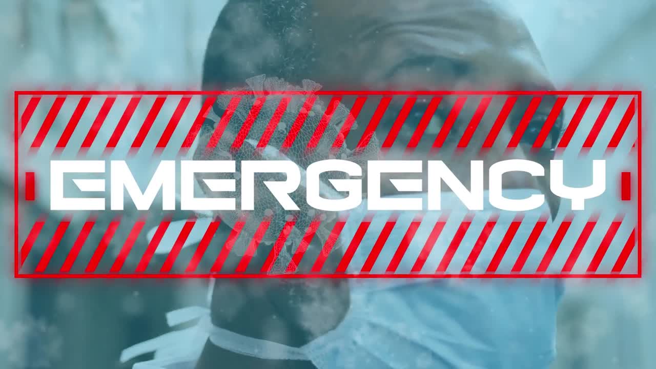 animación de texto de emergencia y células de virus sobre un hombre que lleva una máscara facial