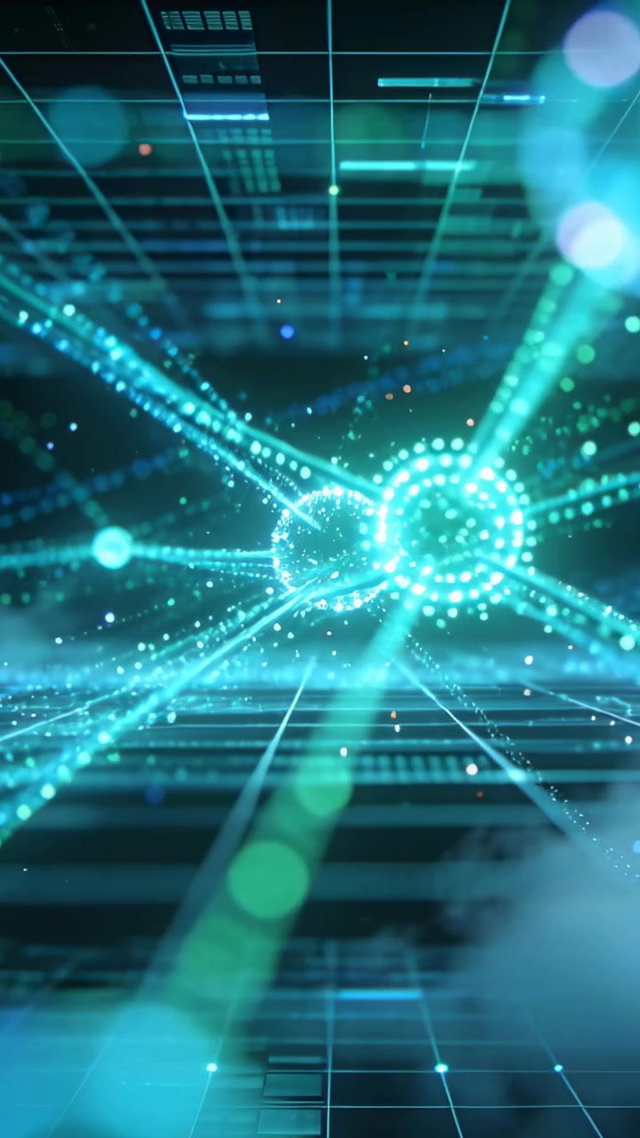 Vertikal video: Pulserende sentral node lysner mens kameraet beveger seg inn i et datanettverk, med partikler.