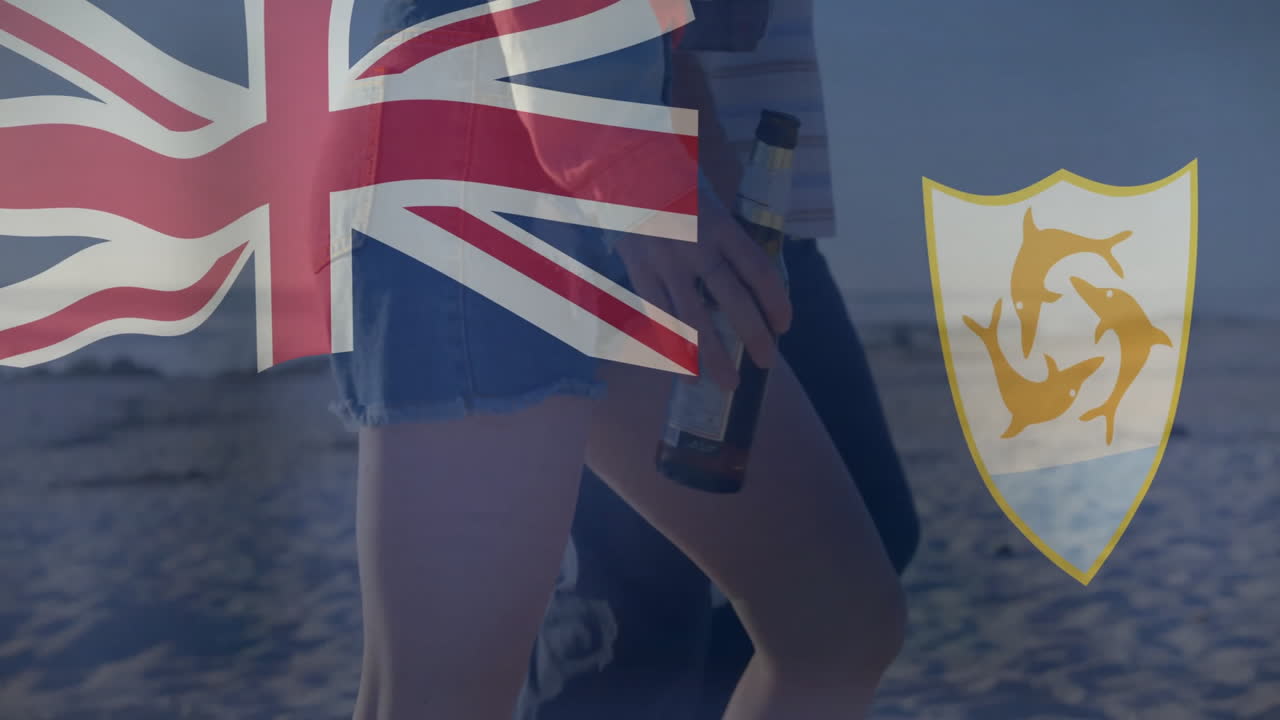 Walking on sandy beach, people with British flag and Anguilla emblem in animation