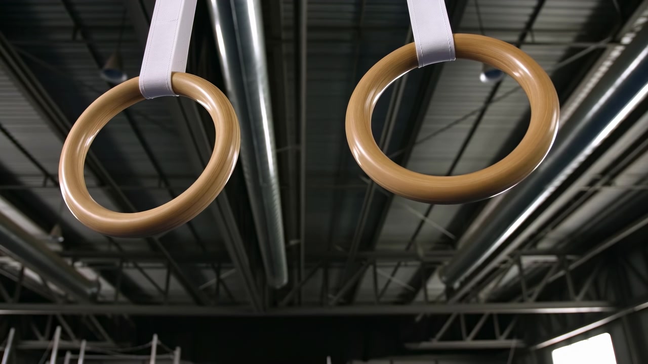 Træringe hængende fra loftet, industrielt fitnesscenterinteriør med metalrør og hvide stropper, nærbillede.