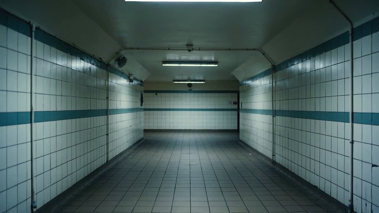 Telecamera in movimento che attraversa un sottopassaggio piastrellato, rivelando luci fluorescenti, una banda blu e un condotto.