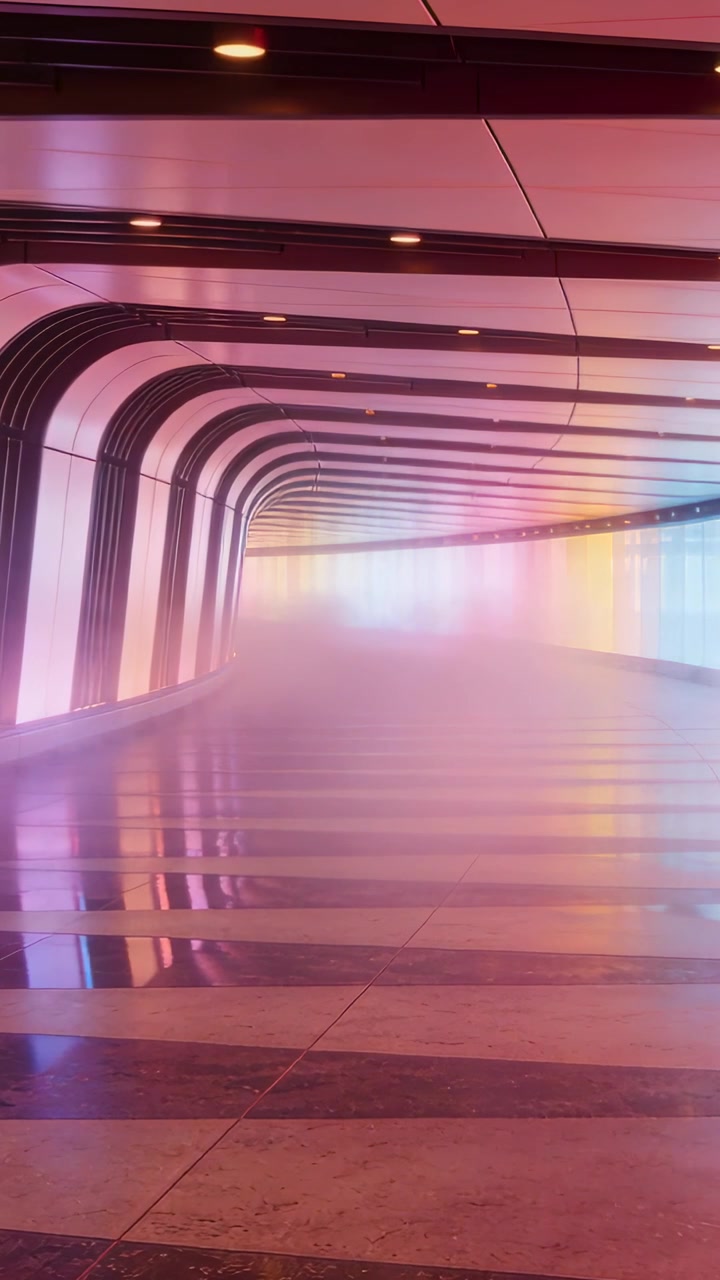 Video verticale: Nebbia che sale e riempie un corridoio ad arco, attenuando i pannelli LED e il pavimento lucido per creare atmosfera.