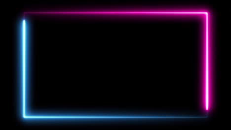 fondo de animación de marco de neón con bucle sin costuras abstracto. línea de luz de neón púrpura azul que se ejecuta en negro. marco rectangular brillante con espacio vacío para logotipo o texto. pancarta de led fluorescente ultravioleta. canal alfa incluido.