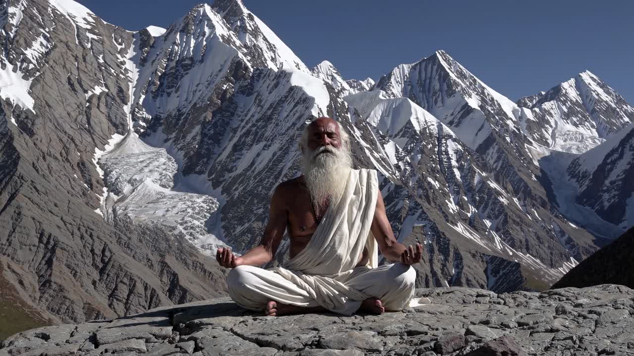 A serene video scene of a bearded man meditating on a rocky mountain, captured from a low angle