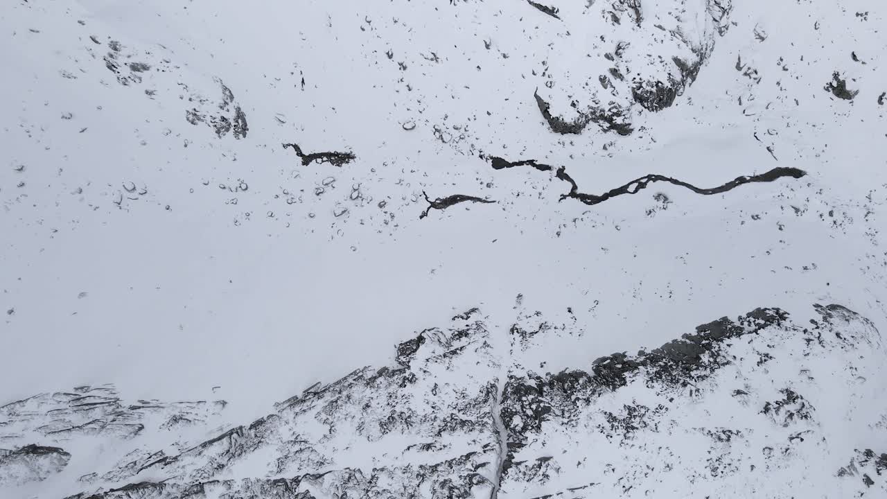 imágenes de drones de arriba hacia abajo de un río congelado en montañas nevadas, que se traducen a la derecha
