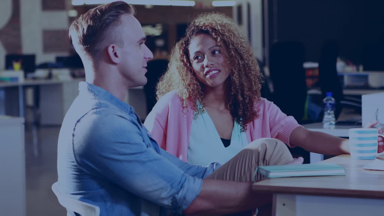 Man and woman reviewing metrics as animated grid sliding and graphs rising highlighting performance
