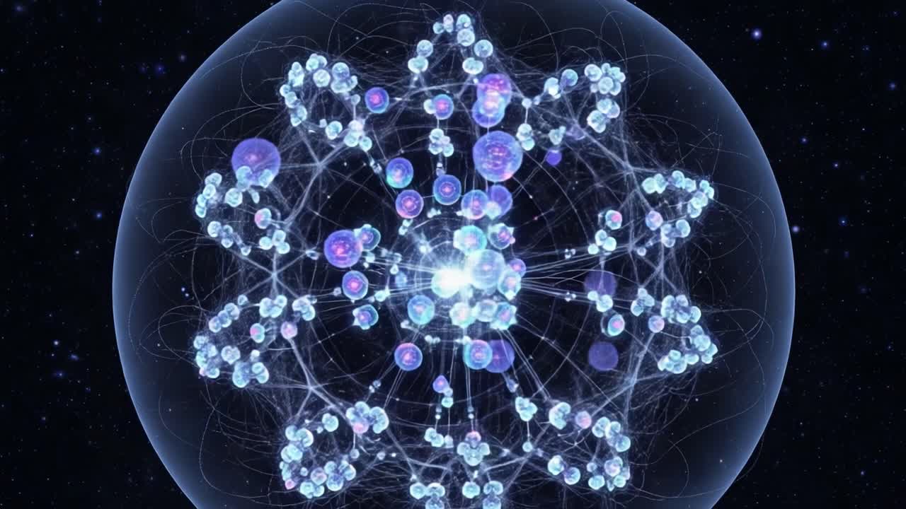 Exploring the Intricate Beauty of Atomic Structures in a Stunning Digital Visualization of Molecular Interactions and Energy Dynamics within a Cosmic Sphere