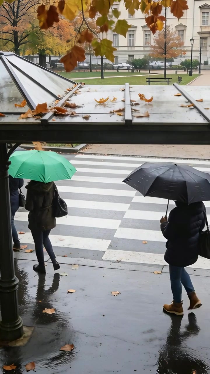 Vertical video: Gust sending leaves, three adults crossing wet road with umbrellas from rain, coats