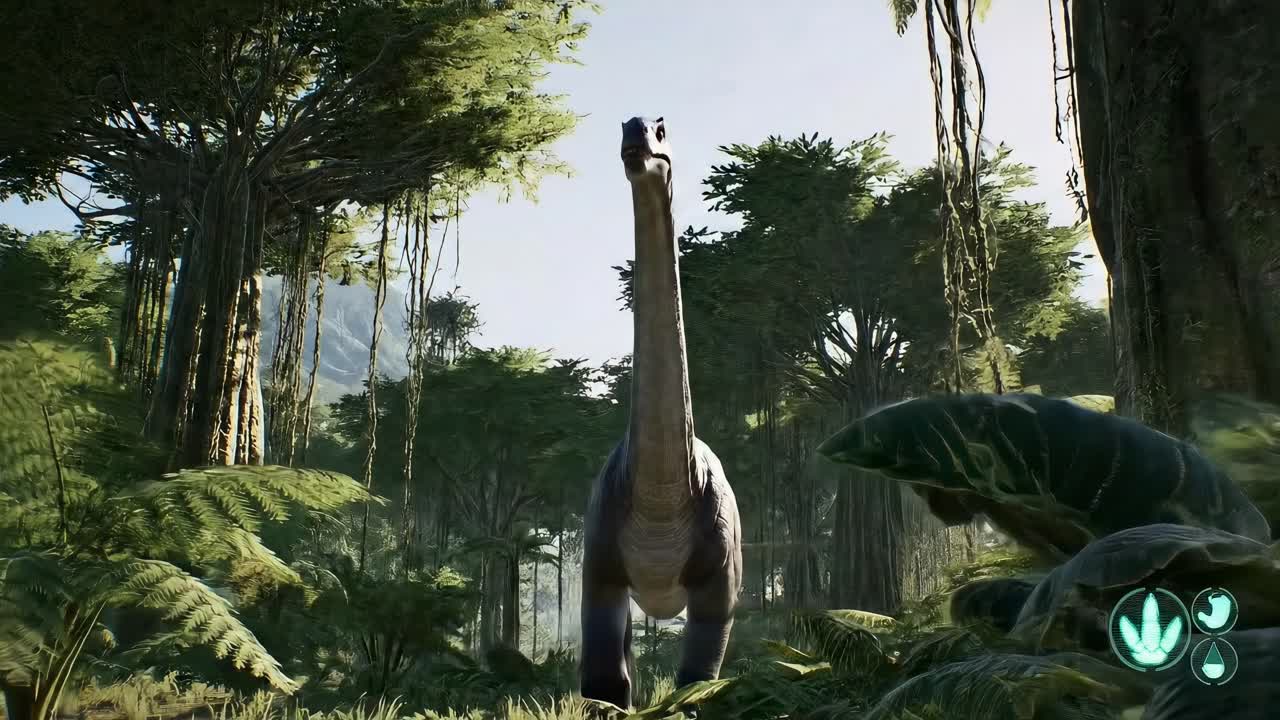 Low-angle video of a towering dinosaur in a lush jungle, evoking a prehistoric vibe