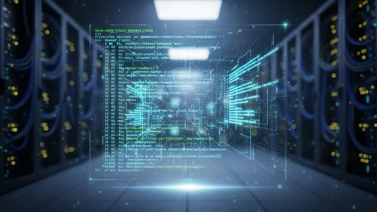 Exploring the Depths of Data: A Visual Journey Through a High-Tech Server Room Filled with Digital Code and Network Connections
