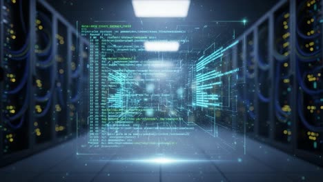 exploring the depths of data: a visual journey through a high-tech server room filled with digital code and network connections