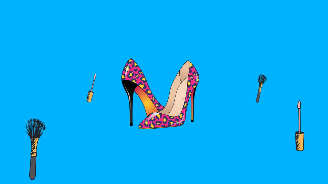 animación de iconos de zapatos y pinceles sobre fondo azul