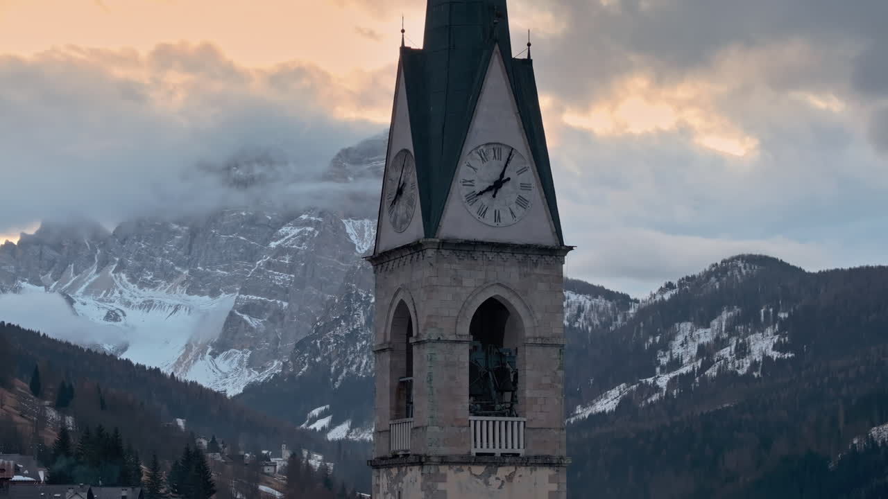 Aerial drone view of the San Lorenzo Church in the Selva di Cadore comune, in the Dolomites, Italy