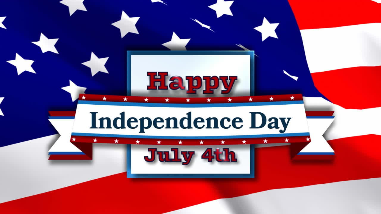 다채로운 콘페티가 미국  ⁇ 발에 맞서 독립기념일 텍스트로 떨어지고 있습니다.