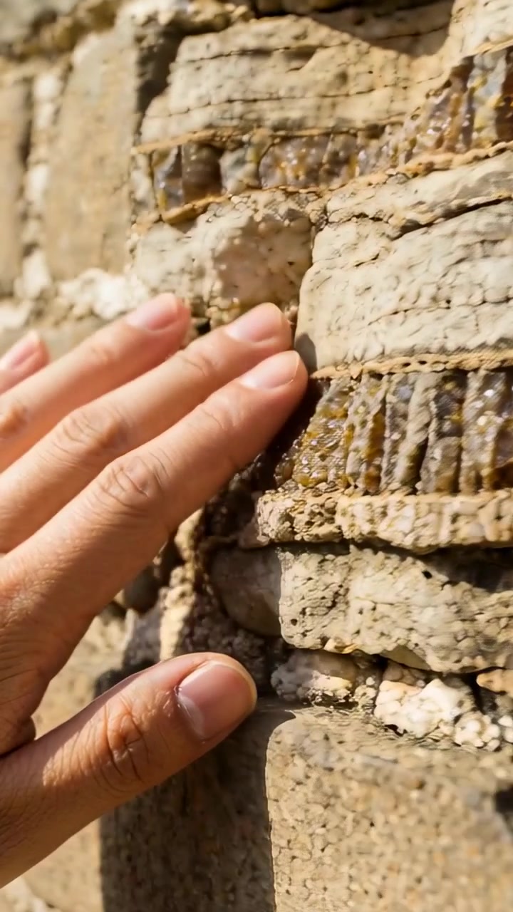 Video verticale: Mano maschile che si avvicina tracciando un affioramento stratificato, percependo la texture di una fascia minerale scura.