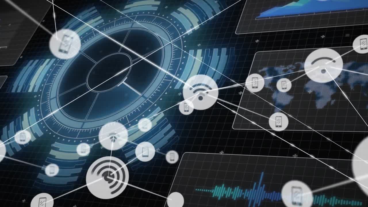 검은 바탕 위의 데이터 처리 및 연결 네트워크의 애니메이션