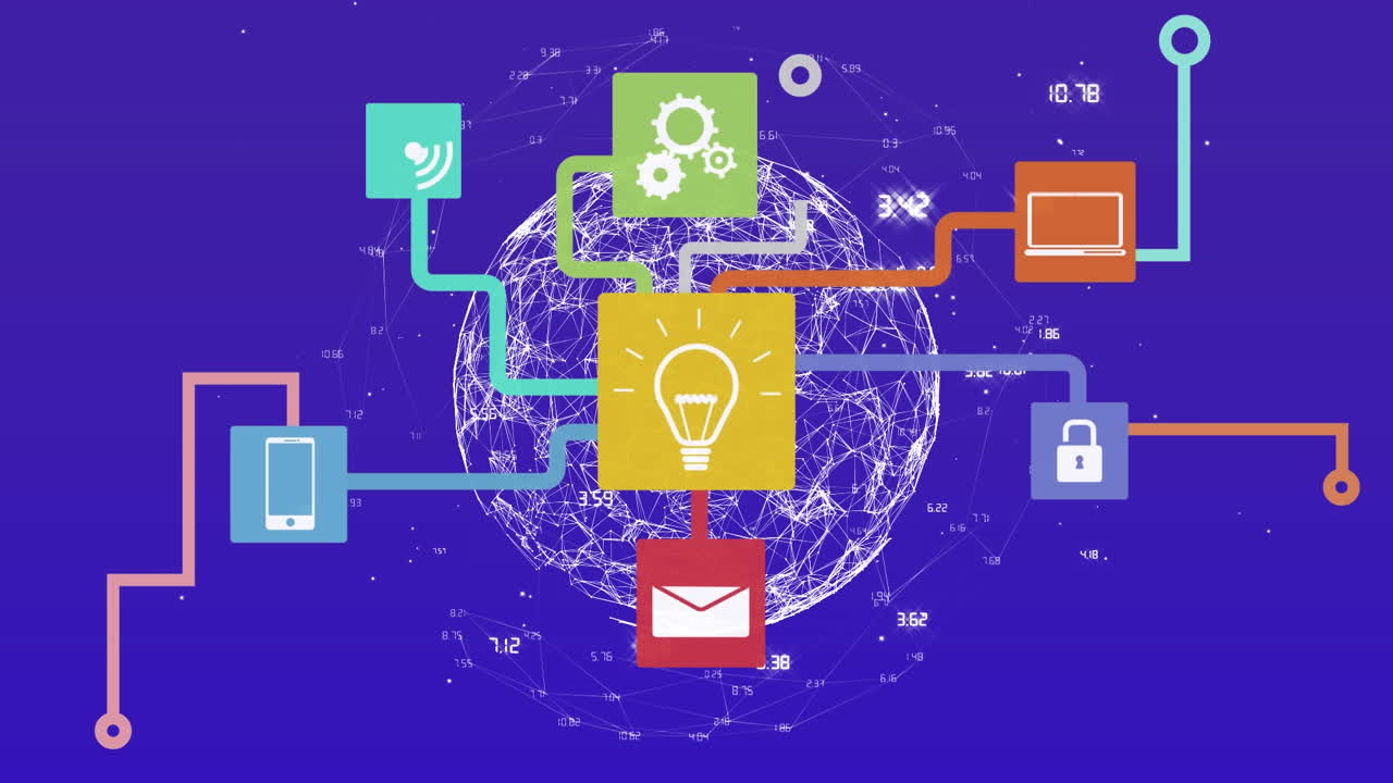 파란색 배경에 디지털 아이콘 네트워크와 연결 네트워크의 글로브의 애니메이션