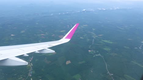 airplane wing over lush landscape