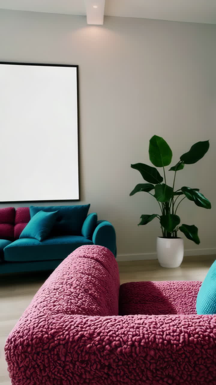 Soggiorno moderno con divano magenta e dettagli vegetali
