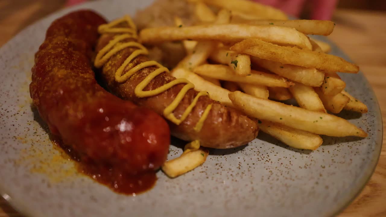 Bratwurst sausage with mustard and fries rotates on plate under warm, soft indoor lighting