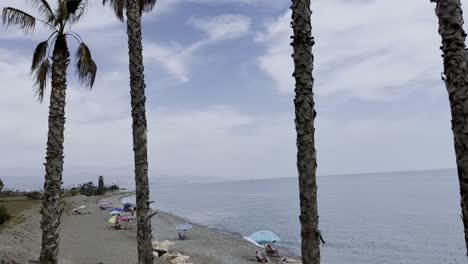 Sea-with-empty-beach-and-few-trunks-of-palm-trees-in-the-foreground-in-southern-Spain