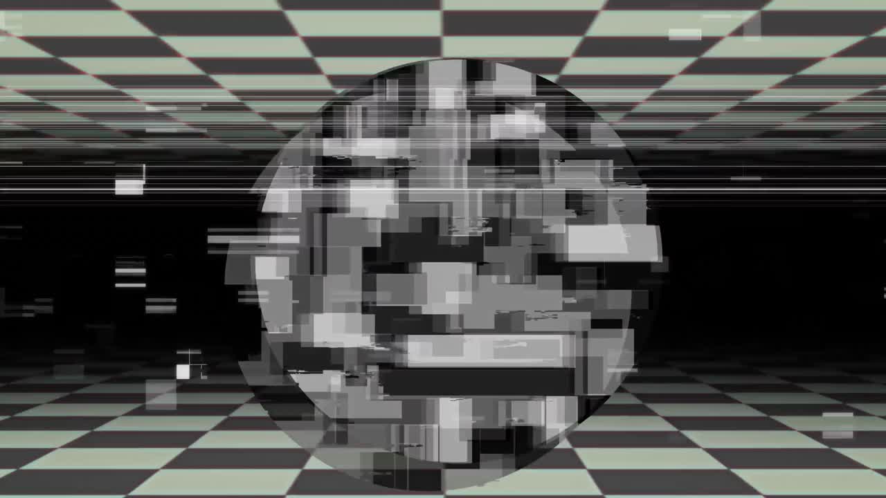 animación de un círculo en blanco y negro con elementos desenfocados que se mueven contra superficies marcadas