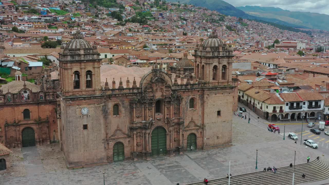 Cusco, Peru Frontis of Main cathedral and city Drone UHD