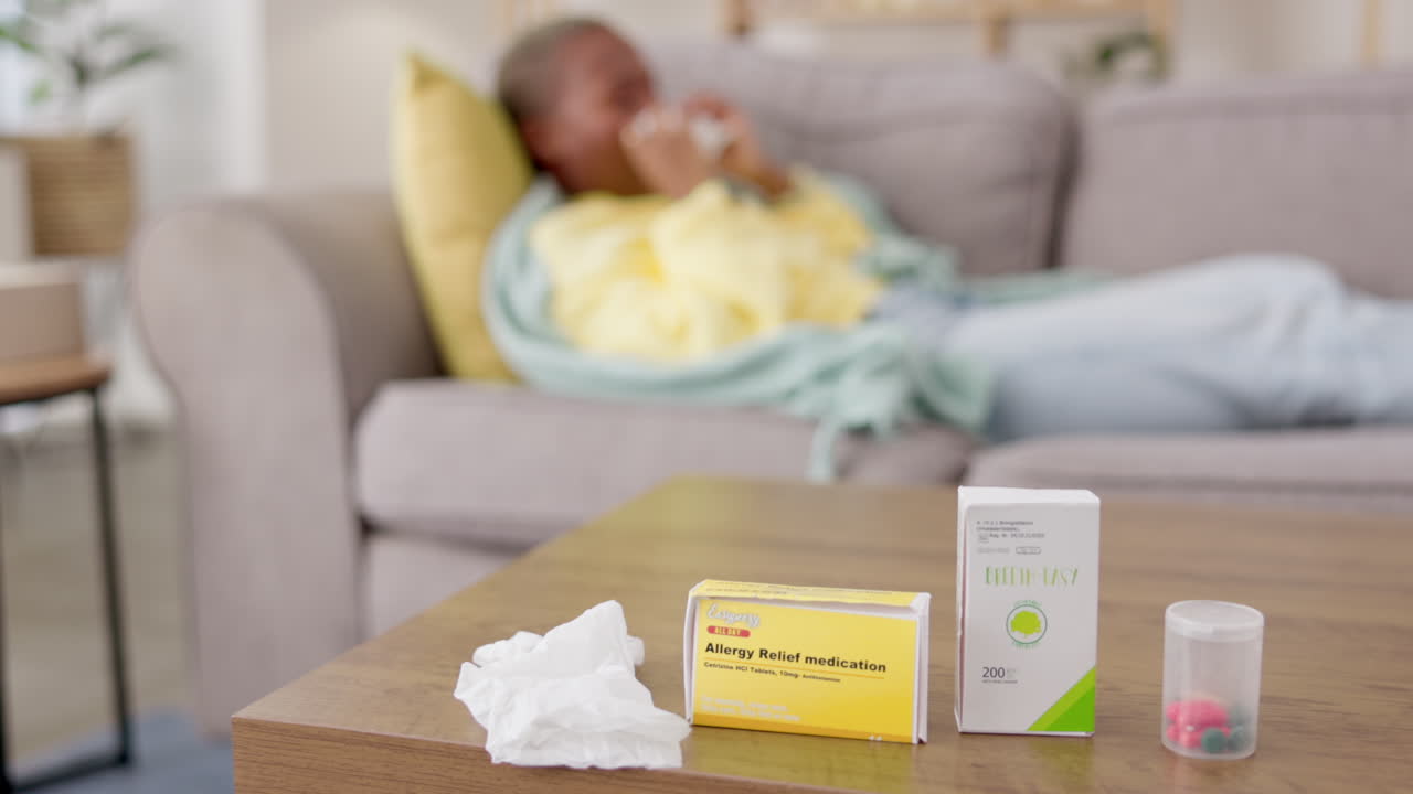 medicina, enfermo y mujer en el sofá con pastillas