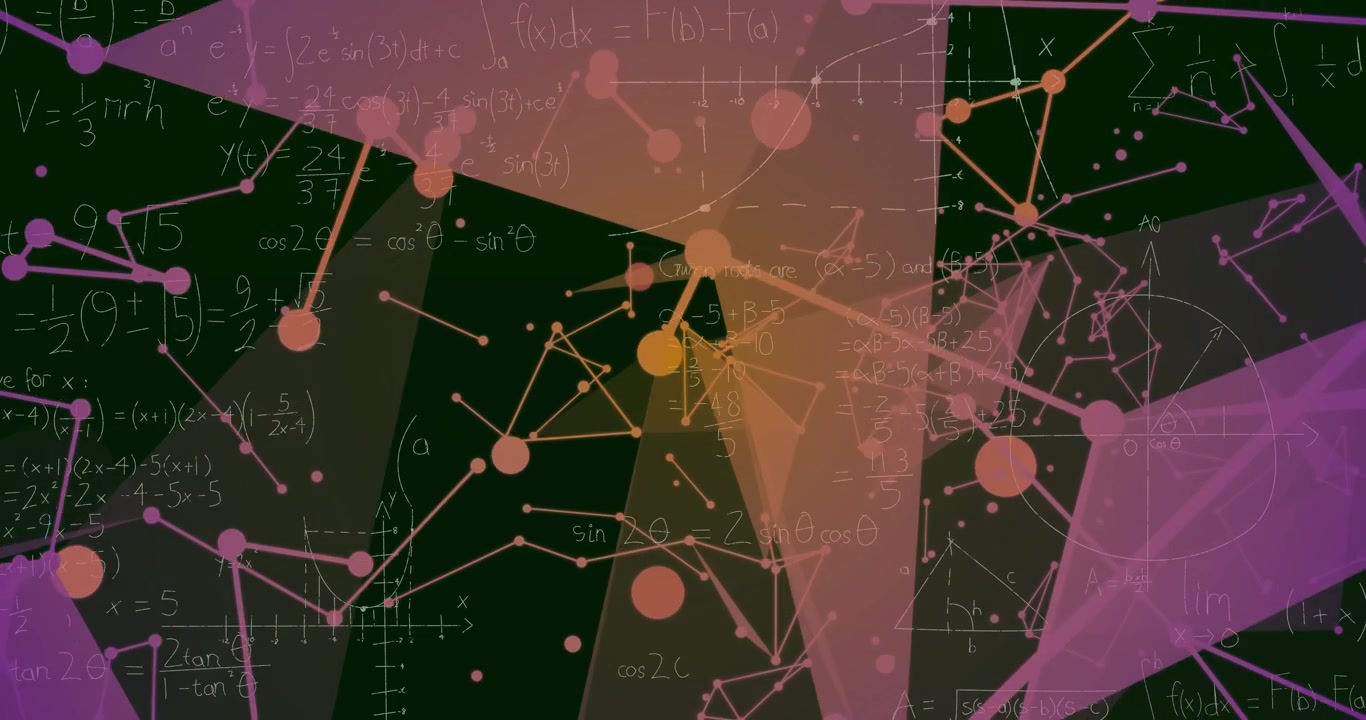 Green field sparking nodes emerging, linking orange pink polygons, illustrating chalkboard formulas