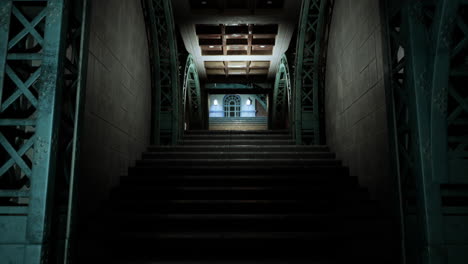 dark staircase leading to an illuminated entrance