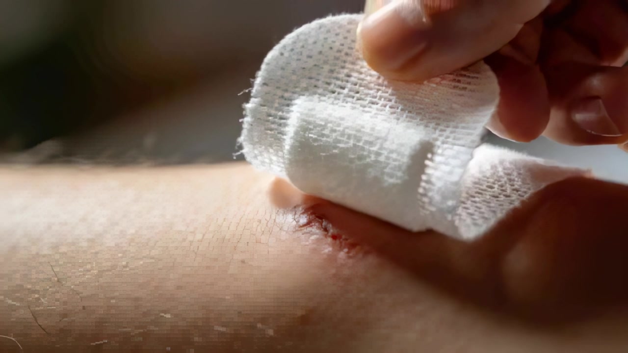 乾いた血に気づいた介護者の手が、自宅でむき出しの前腕にガーゼパッドを置いて傷を保護している。