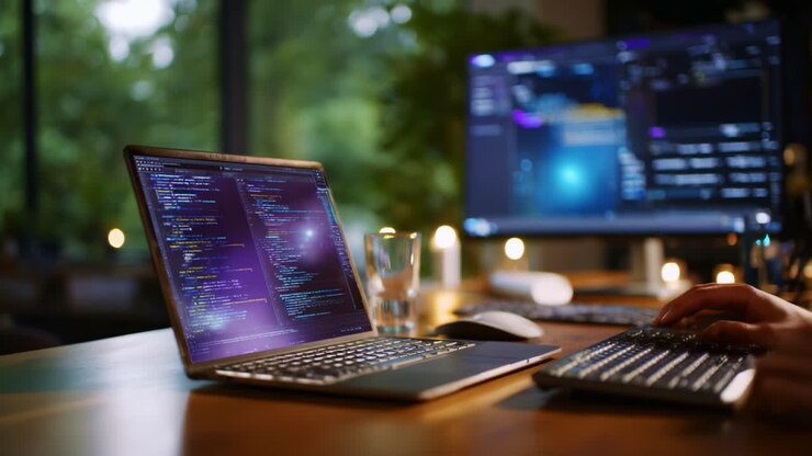 A Programmer's Workspace: Dynamic Coding in Soft Ambient Light with Dual Screens Displaying Code and Data in a Modern Tech Environment