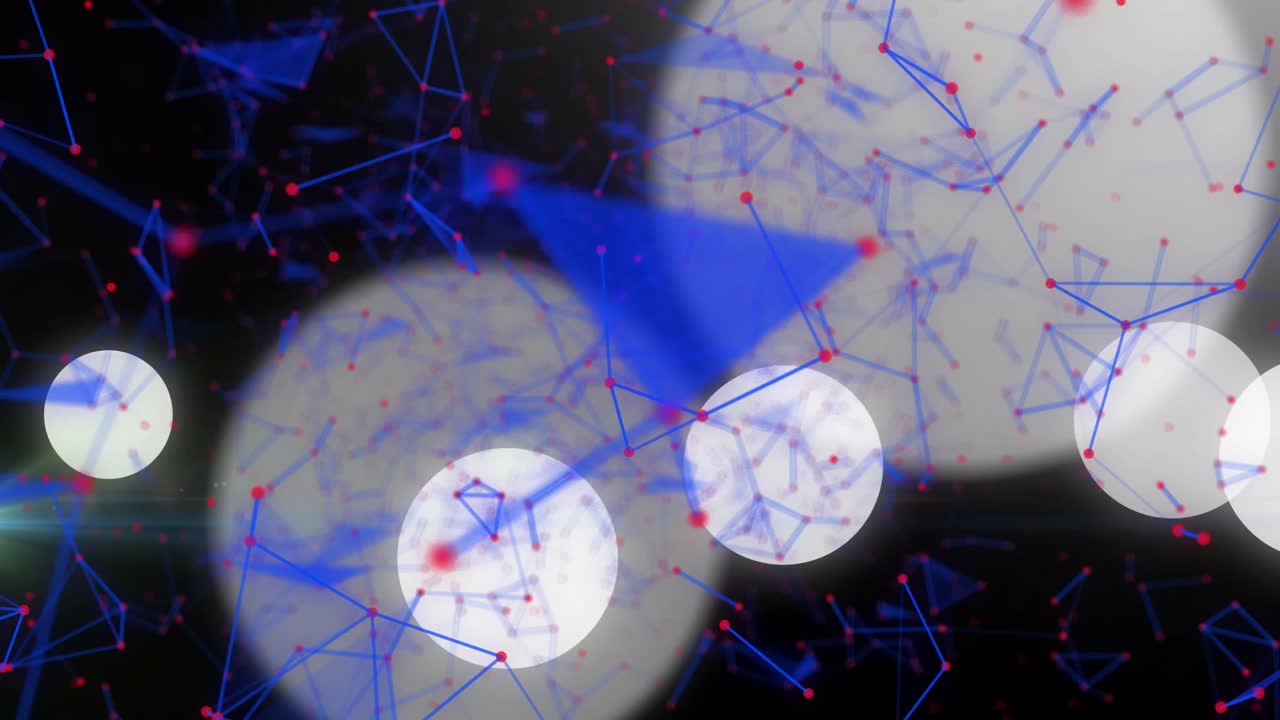 White discs entering from left or top starting blue network shifting, pulsing red nodes, forming dep