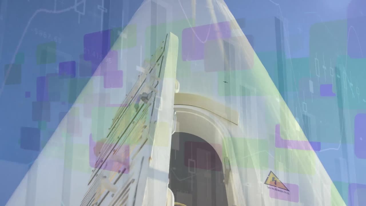 두 인종의 엔지니어와 풍력 터빈의 낮은 각도의 그래프의 애니메이션