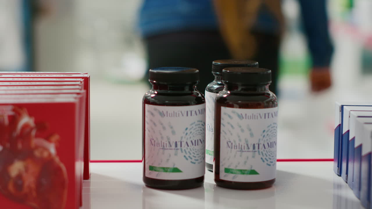 Multivitamin supplements on display in pharmacy