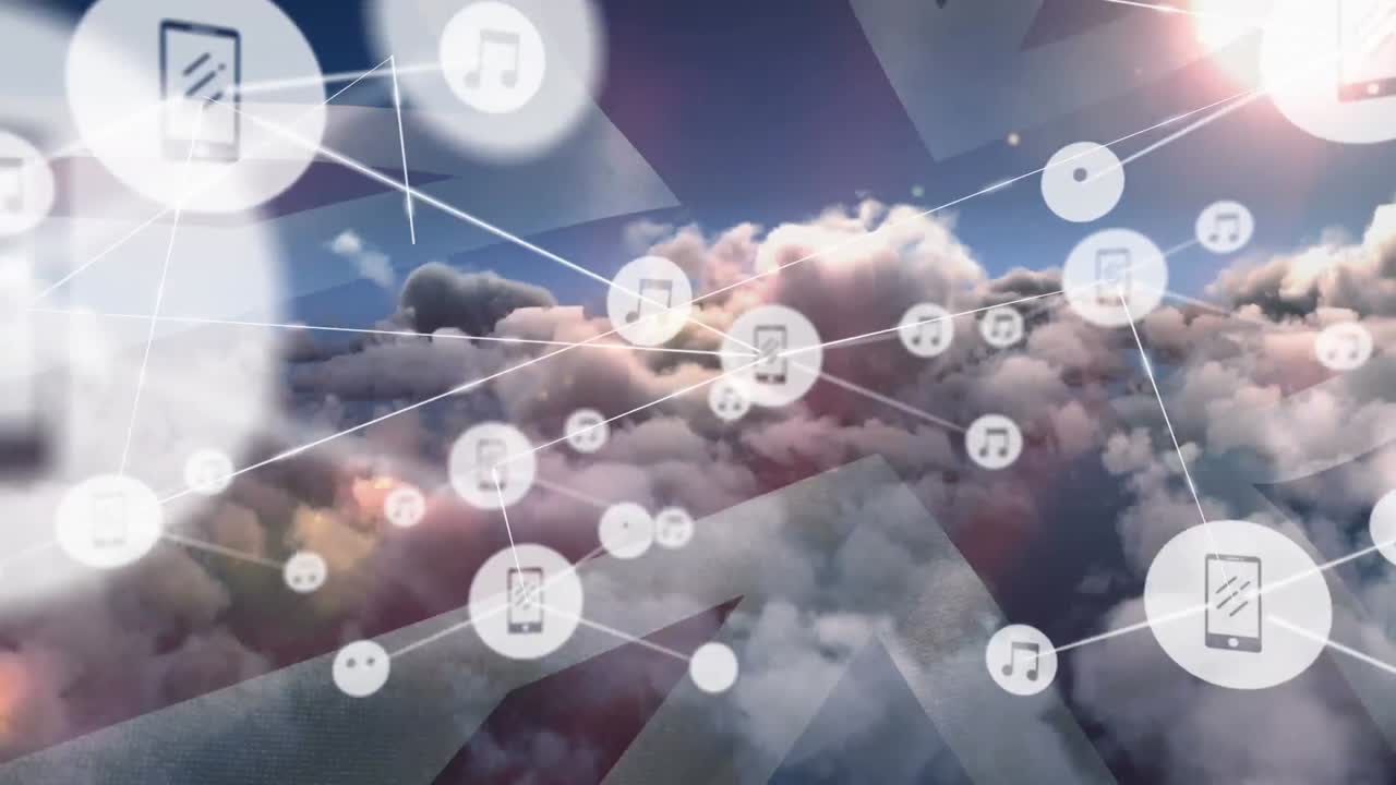 영국  ⁇ 발과 구름 위의 아이콘과 연결 네트워크의 애니메이션