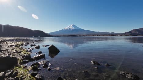 mt fuji showing the snow mountain with snow on its peak and a clear reflection in the water of the lake in front of it on sunny clear sky day in japan