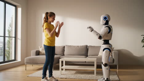 girl and humanoid robot interacting in a modern living room