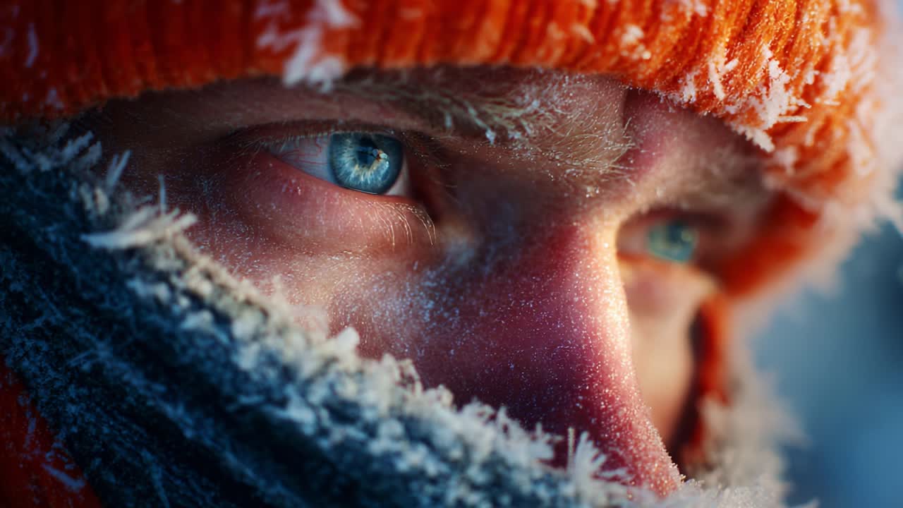 A Close-Up of a Frosty Adventurer's Eyes Captured in Winter's Chill, Revealing Intense Expression and the Striking Contrast of Vibrant Colors Against the Frozen Landscape