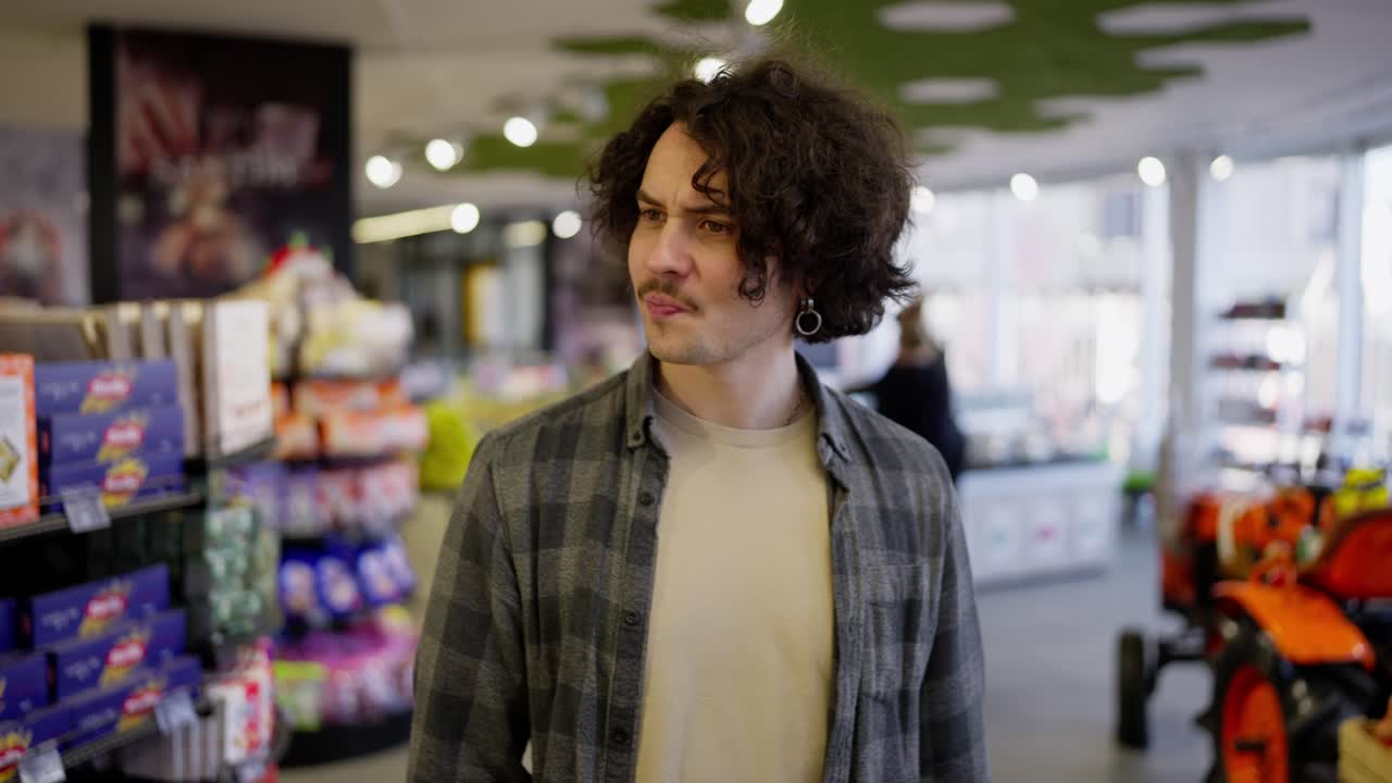 A confident brunette guy in a checkered shirt walks through a grocery store and examines the goods on the shelves
